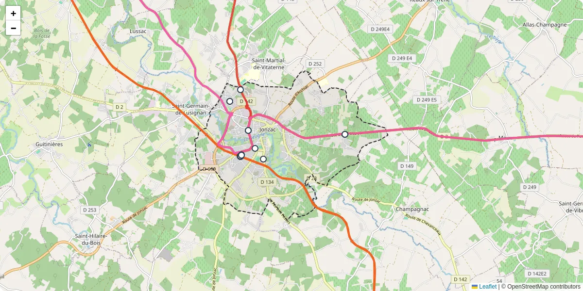 Carte du réseau de transport en commun à Jonzac - lignes de bus et arrêts