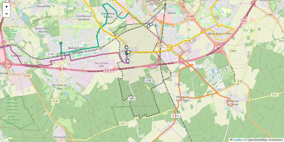 Carte du réseau de transport en commun à Jossigny - lignes de bus et arrêts