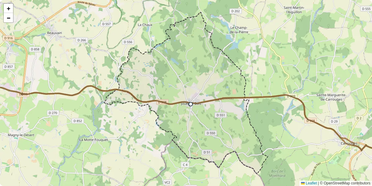 Carte du réseau de transport en commun à Joué-du-Bois - lignes de bus et arrêts