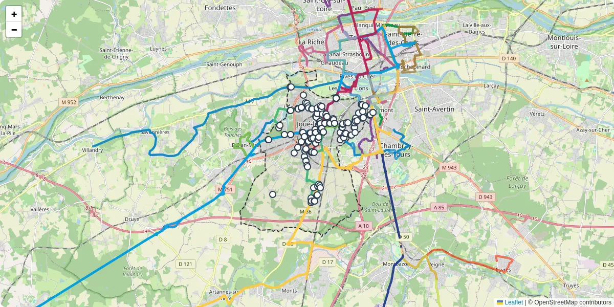 Carte du réseau de transport en commun à Joué-lès-Tours - lignes de bus et arrêts