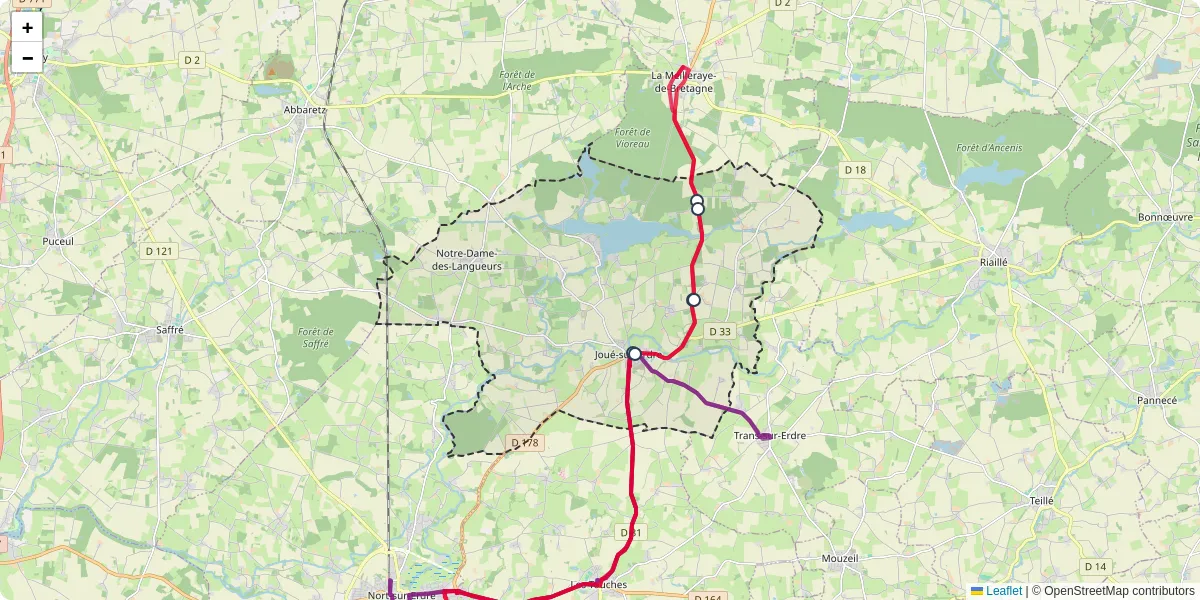 Carte du réseau de transport en commun à Joué-sur-Erdre - lignes de bus et arrêts