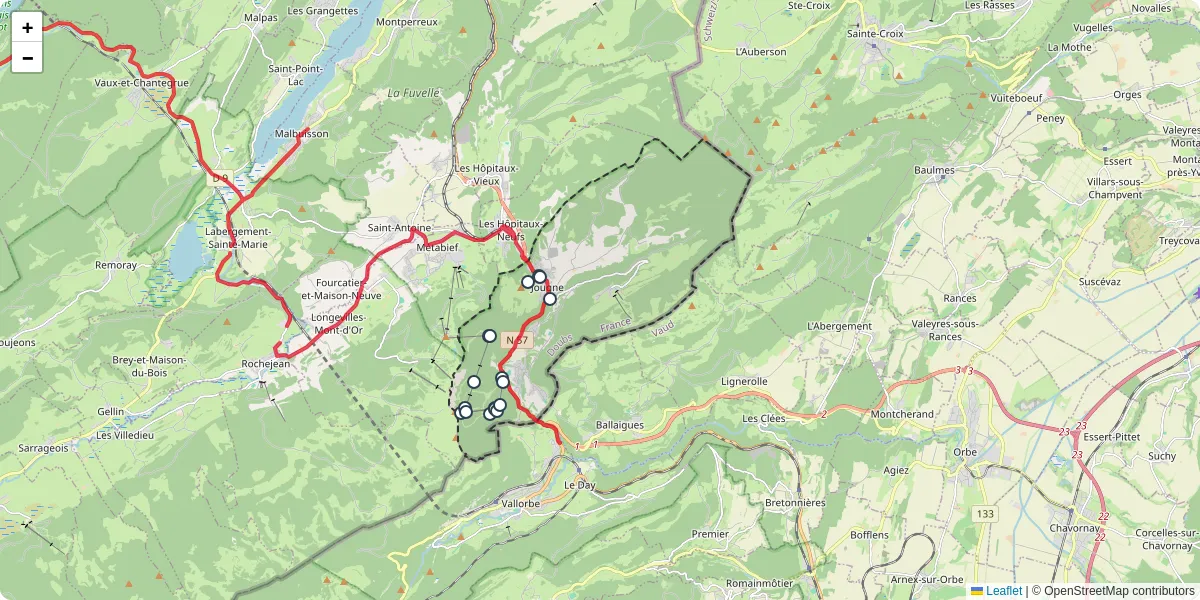 Carte du réseau de transport en commun à Jougne - lignes de bus et arrêts