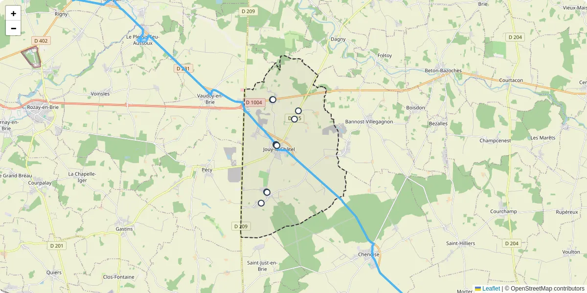 Carte du réseau de transport en commun à Jouy-le-Châtel - lignes de bus et arrêts