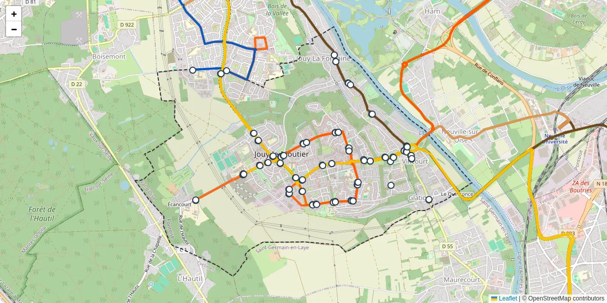 Carte du réseau de transport en commun à Jouy-le-Moutier - lignes de bus et arrêts