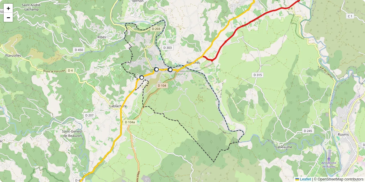 Carte du réseau de transport en commun à Joyeuse - lignes de bus et arrêts