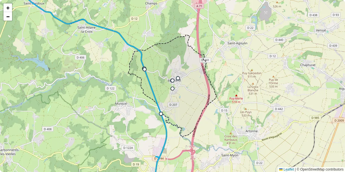 Carte du réseau de transport en commun à Jozerand - lignes de bus et arrêts