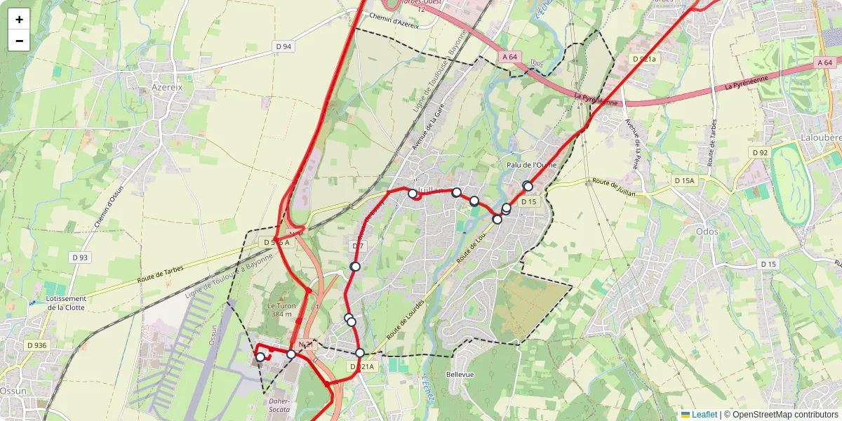 Carte du réseau de transport en commun à Juillan - lignes de bus et arrêts