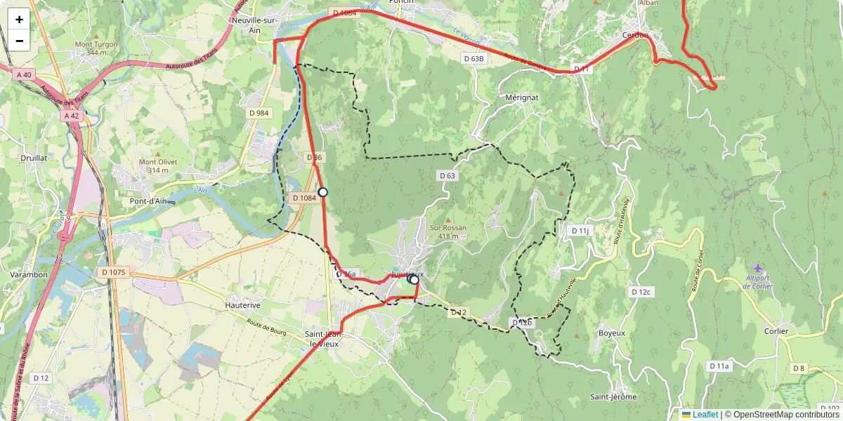 Carte du réseau de transport en commun à Jujurieux - lignes de bus et arrêts