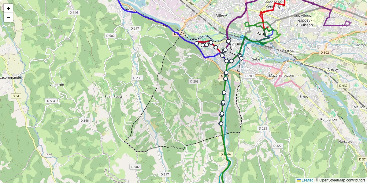 Carte du réseau de transport en commun à Jurançon - lignes de bus et arrêts