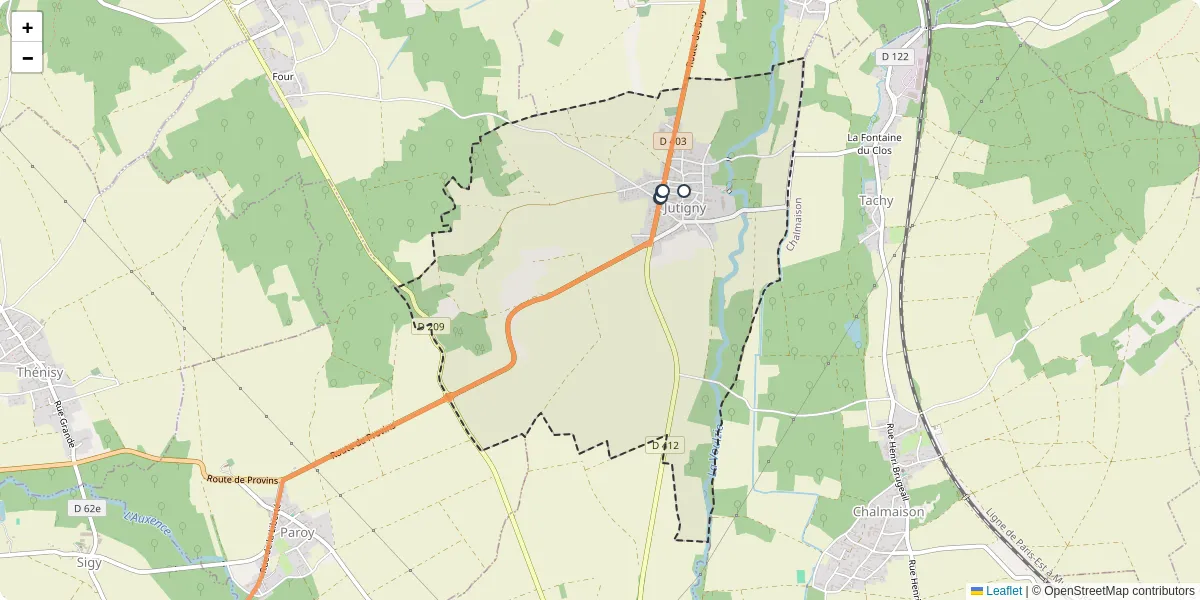 Carte du réseau de transport en commun à Jutigny - lignes de bus et arrêts