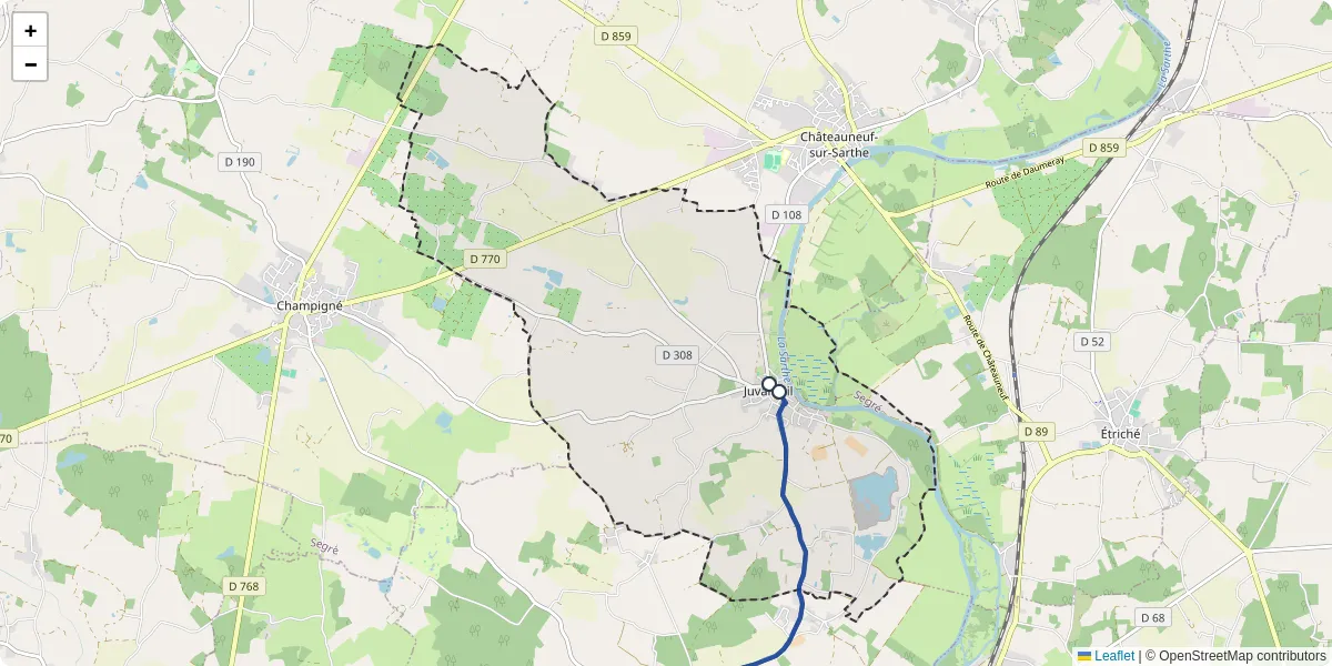 Carte du réseau de transport en commun à Juvardeil - lignes de bus et arrêts