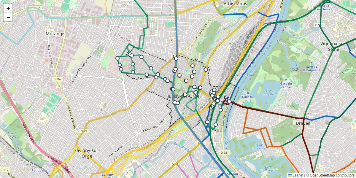 Carte du réseau de transport en commun à Juvisy-sur-Orge - lignes de bus et arrêts