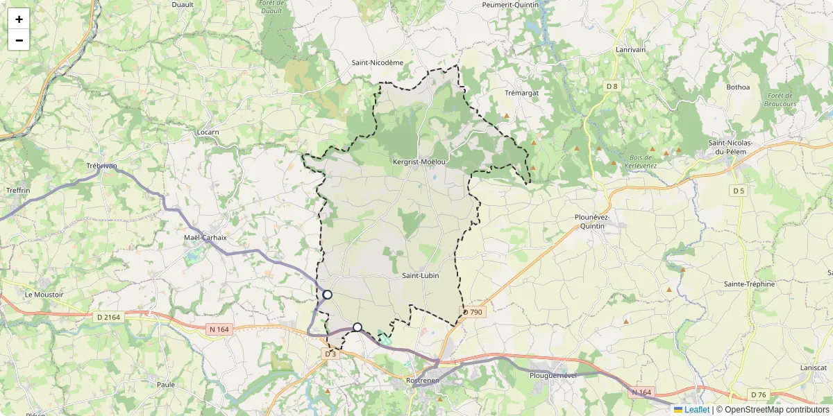 Carte du réseau de transport en commun à Kergrist-Moëlou - lignes de bus et arrêts