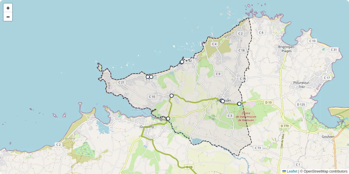 Carte du réseau de transport en commun à Kerlouan - lignes de bus et arrêts