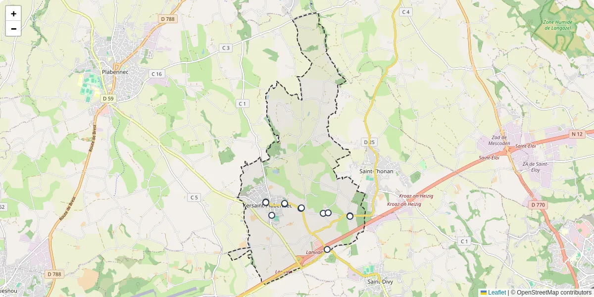 Carte du réseau de transport en commun à Kersaint-Plabennec - lignes de bus et arrêts