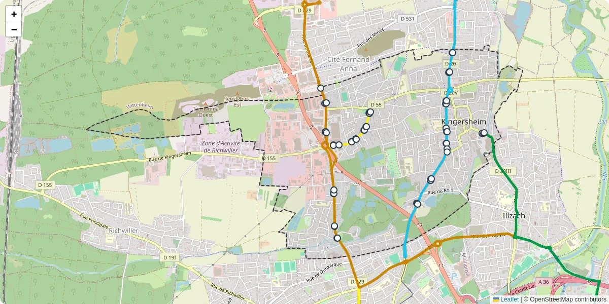 Carte du réseau de transport en commun à Kingersheim - lignes de bus et arrêts