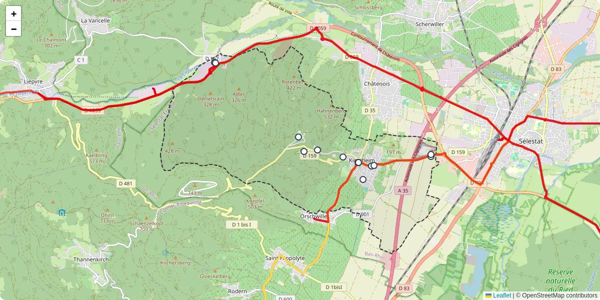 Carte du réseau de transport en commun à Kintzheim - lignes de bus et arrêts