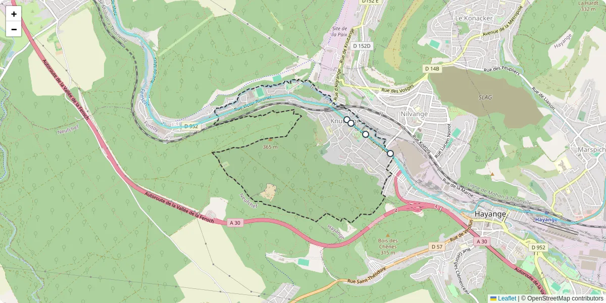 Carte du réseau de transport en commun à Knutange - lignes de bus et arrêts