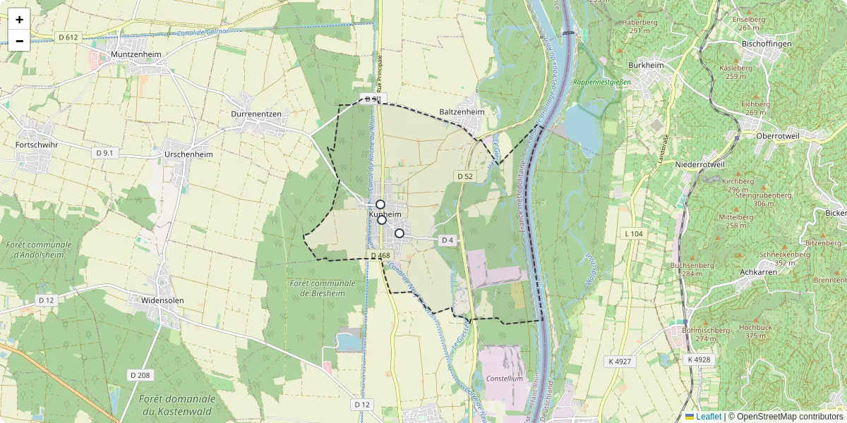 Carte du réseau de transport en commun à Kunheim - lignes de bus et arrêts