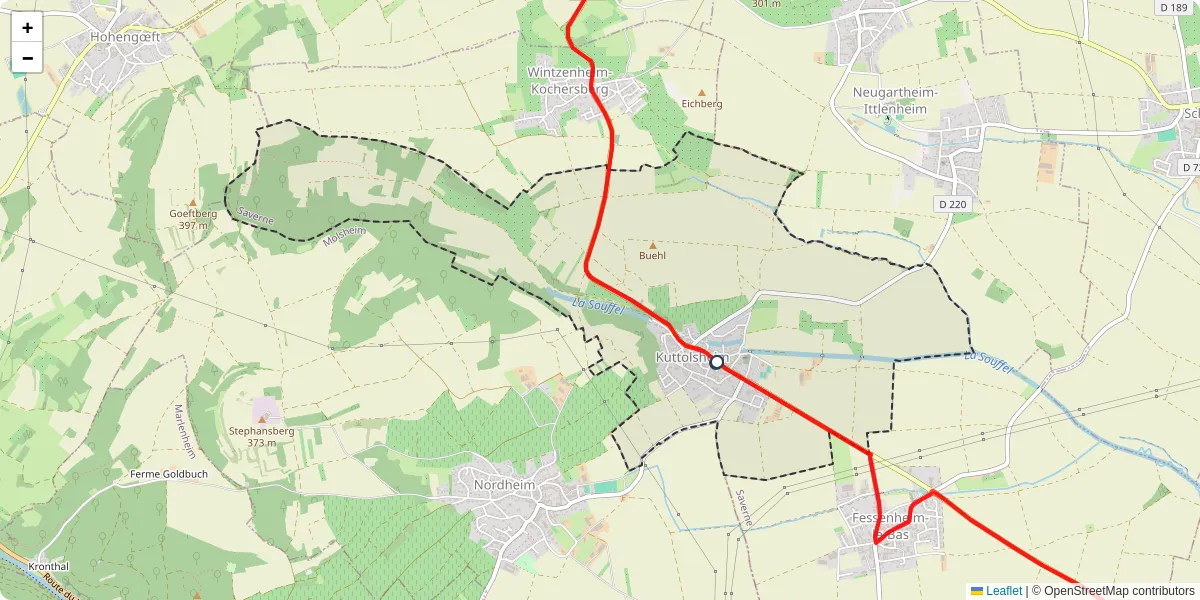 Carte du réseau de transport en commun à Kuttolsheim - lignes de bus et arrêts