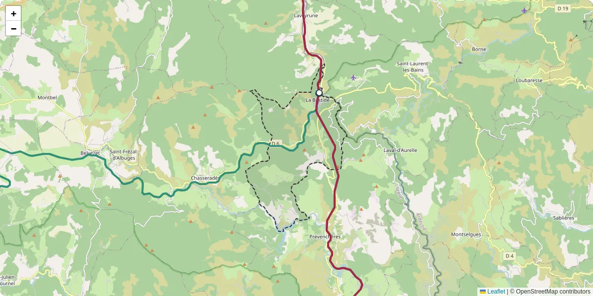 Carte du réseau de transport en commun à La Bastide-Puylaurent - lignes de bus et arrêts