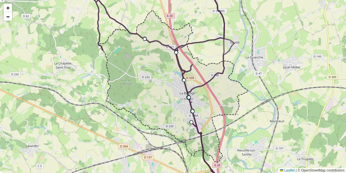 Carte du réseau de transport en commun à La Bazoge - lignes de bus et arrêts