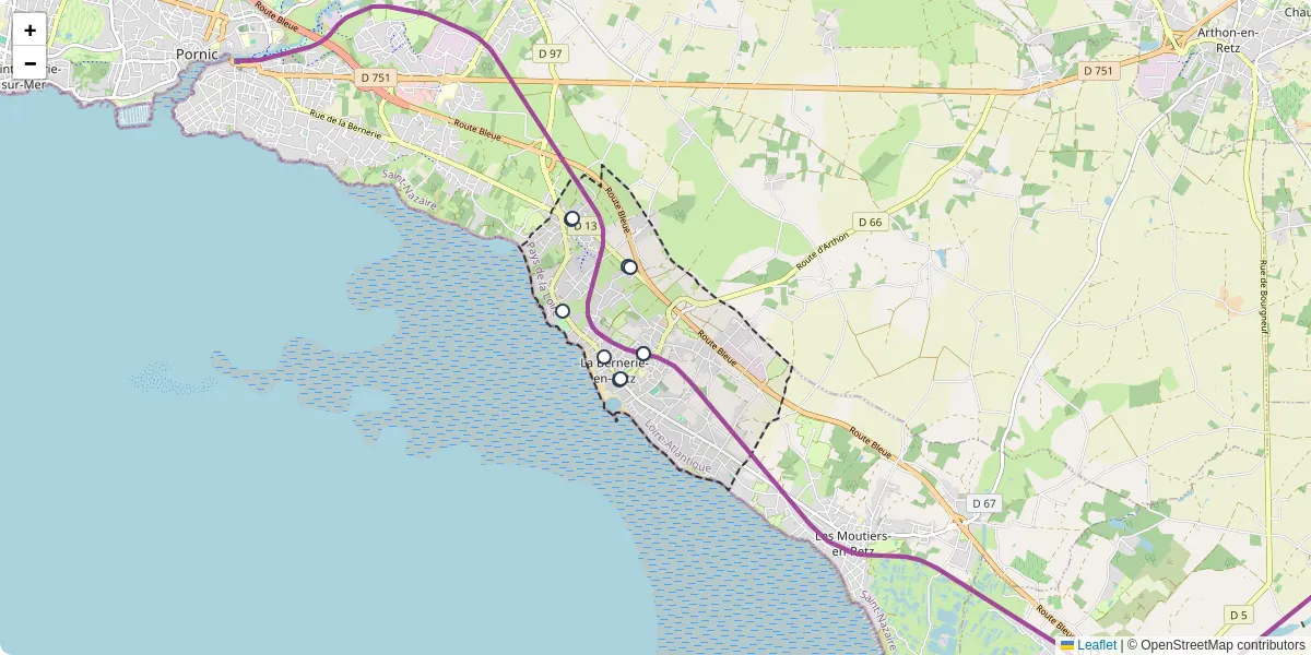 Carte du réseau de transport en commun à La Bernerie-en-Retz - lignes de bus et arrêts