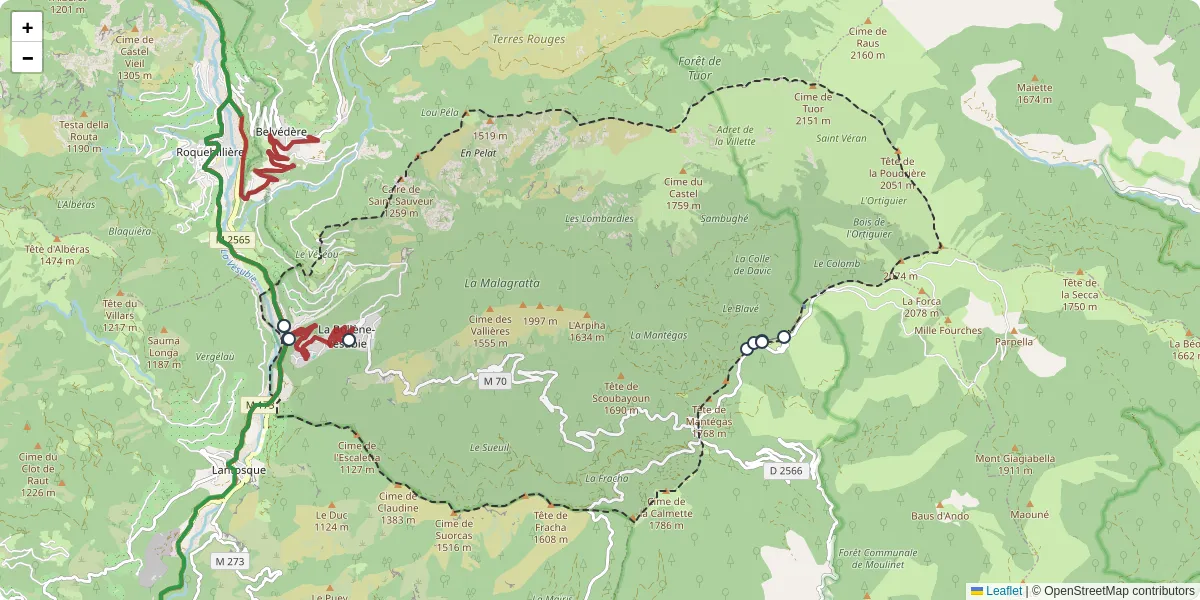 Carte du réseau de transport en commun à La Bollène-Vésubie - lignes de bus et arrêts
