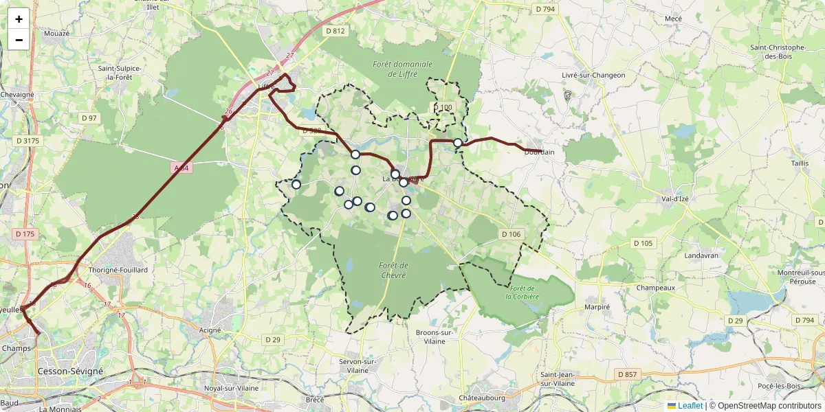 Carte du réseau de transport en commun à La Bouëxière - lignes de bus et arrêts