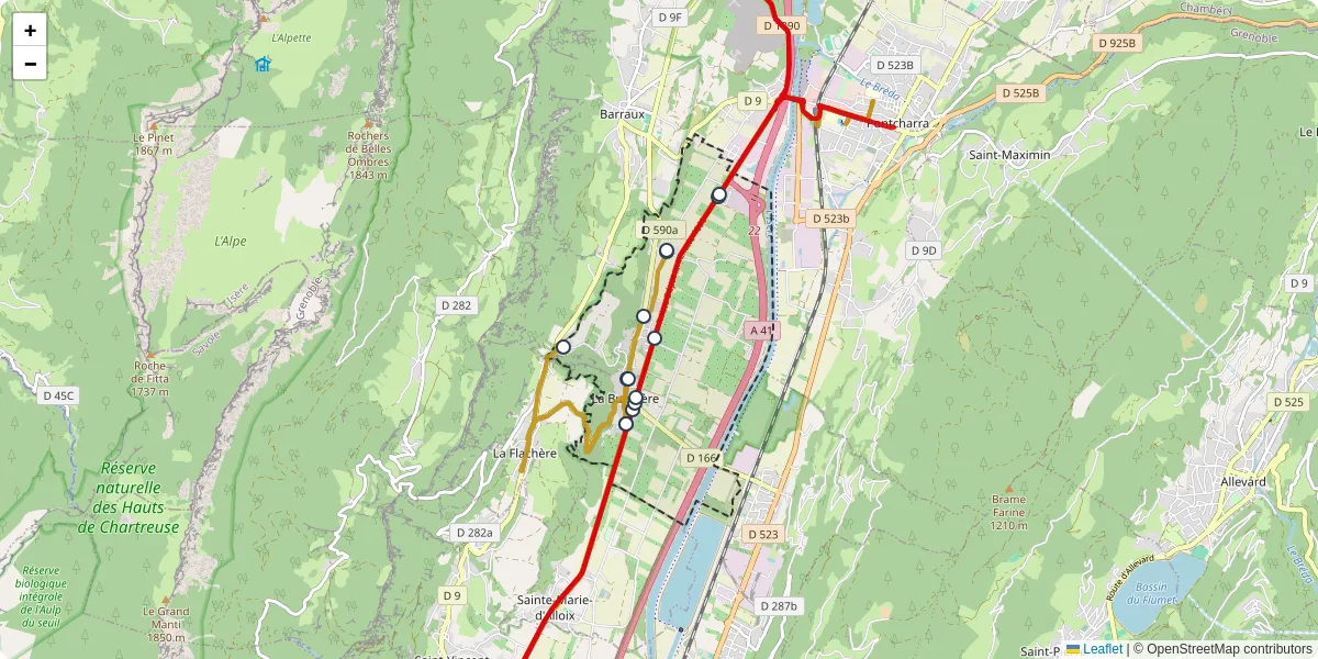 Carte du réseau de transport en commun à La Buissière - lignes de bus et arrêts