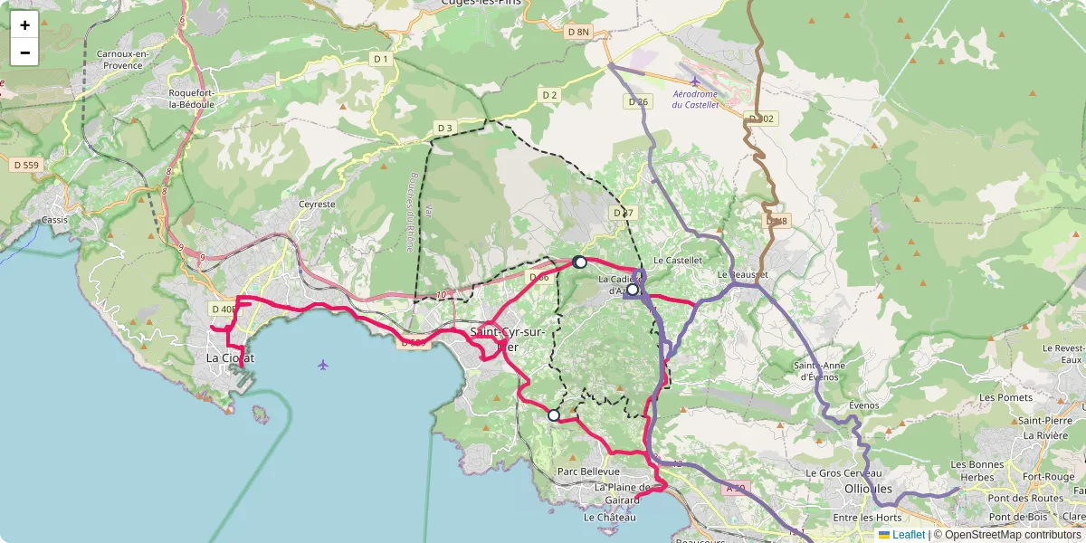 Carte du réseau de transport en commun à La Cadière-d'Azur - lignes de bus et arrêts