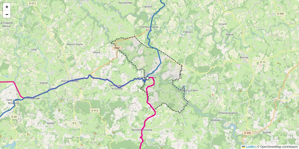 Carte du réseau de transport en commun à La Celle-Dunoise - lignes de bus et arrêts