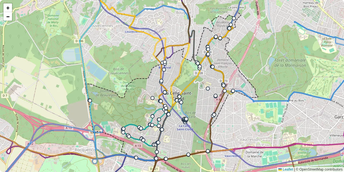 Carte du réseau de transport en commun à La Celle-Saint-Cloud - lignes de bus et arrêts