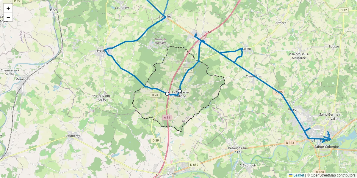 Carte du réseau de transport en commun à La Chapelle-d'Aligné - lignes de bus et arrêts