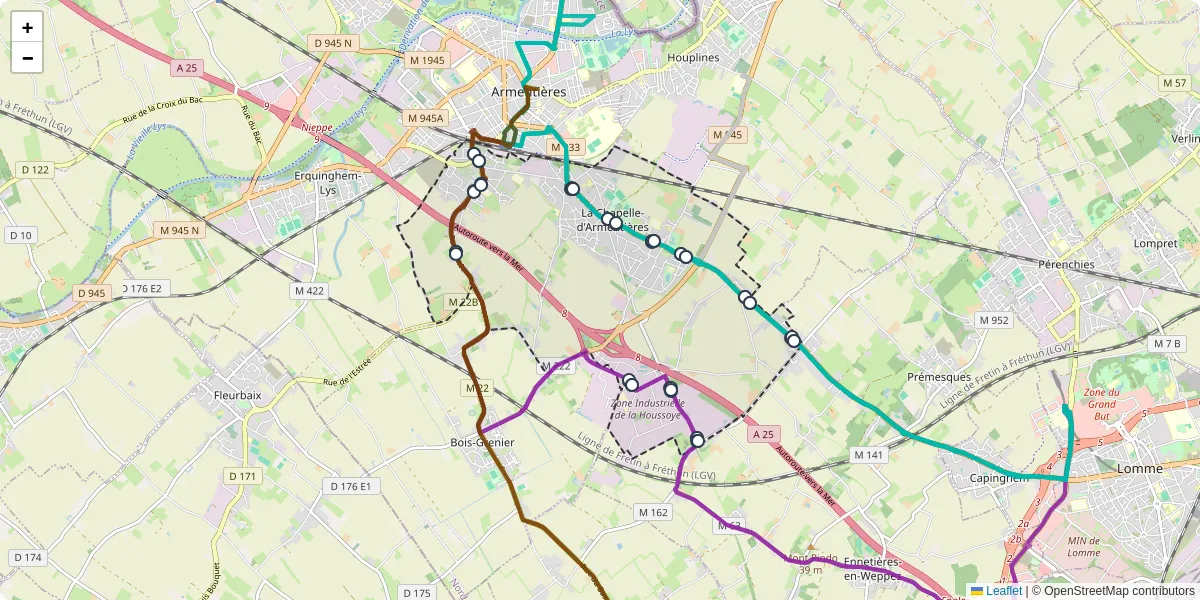 Carte du réseau de transport en commun à La Chapelle-d'Armentières - lignes de bus et arrêts
