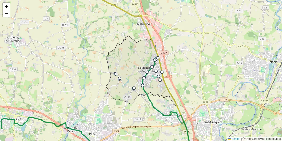 Carte du réseau de transport en commun à La Chapelle-des-Fougeretz - lignes de bus et arrêts