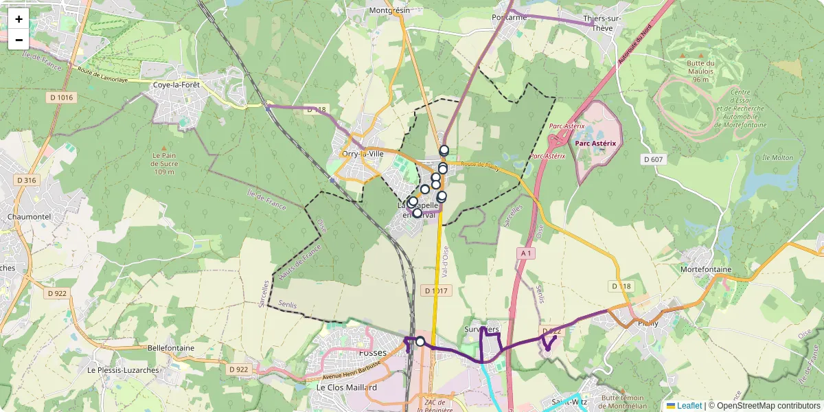 Carte du réseau de transport en commun à La Chapelle-en-Serval - lignes de bus et arrêts