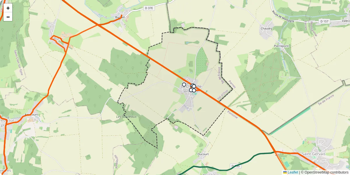 Carte du réseau de transport en commun à La Chapelle-en-Vexin - lignes de bus et arrêts