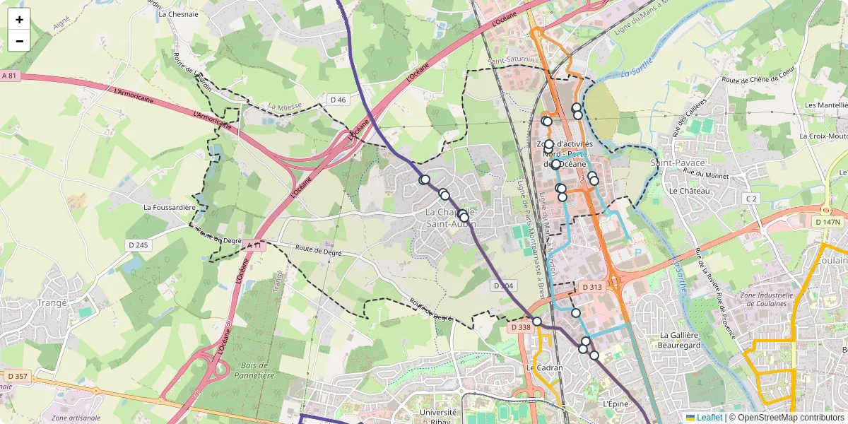 Carte du réseau de transport en commun à La Chapelle-Saint-Aubin - lignes de bus et arrêts