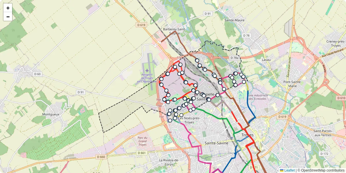Carte du réseau de transport en commun à La Chapelle-Saint-Luc - lignes de bus et arrêts