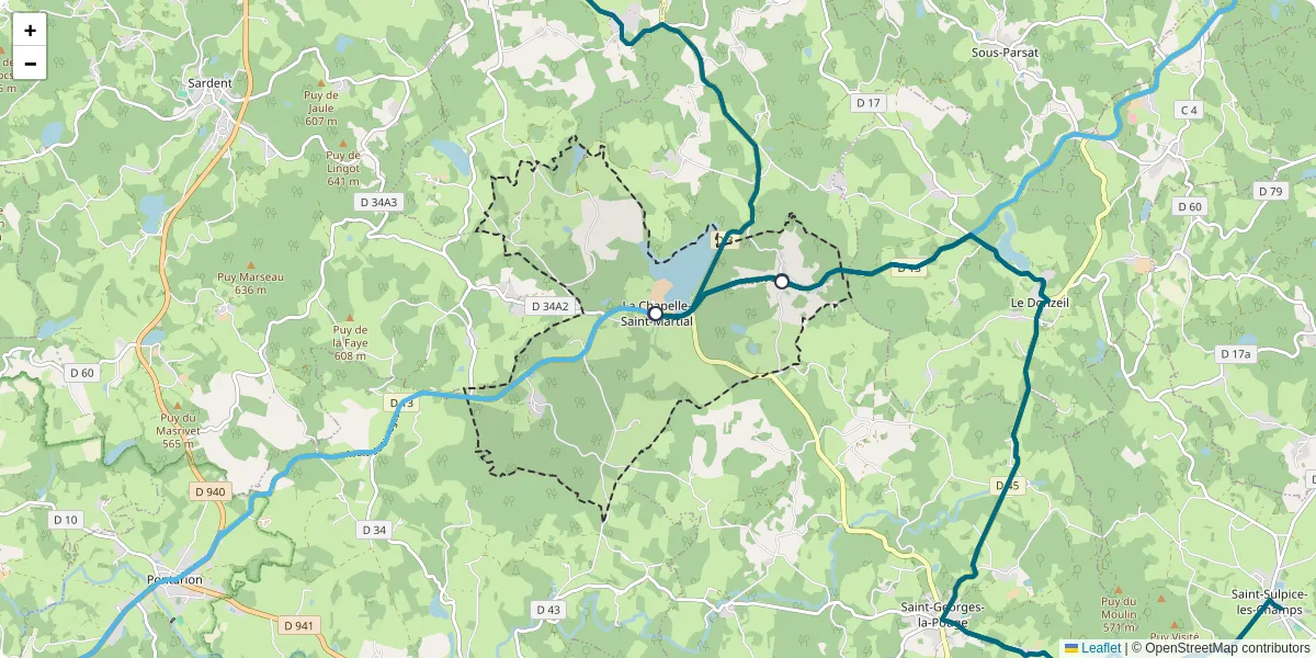 Carte du réseau de transport en commun à La Chapelle-Saint-Martial - lignes de bus et arrêts
