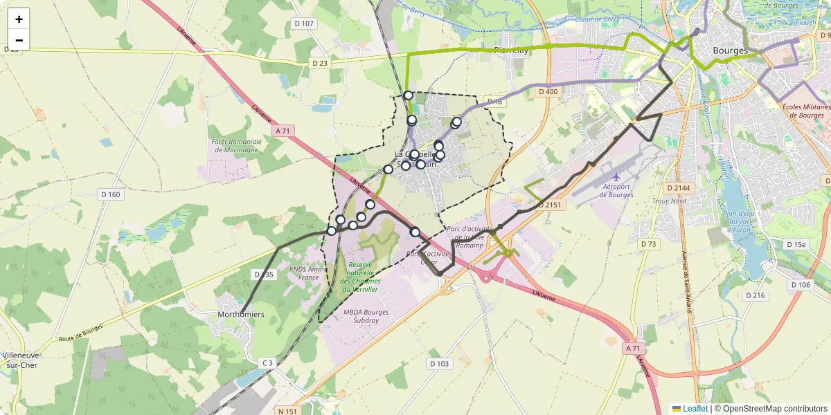 Carte du réseau de transport en commun à La Chapelle-Saint-Ursin - lignes de bus et arrêts