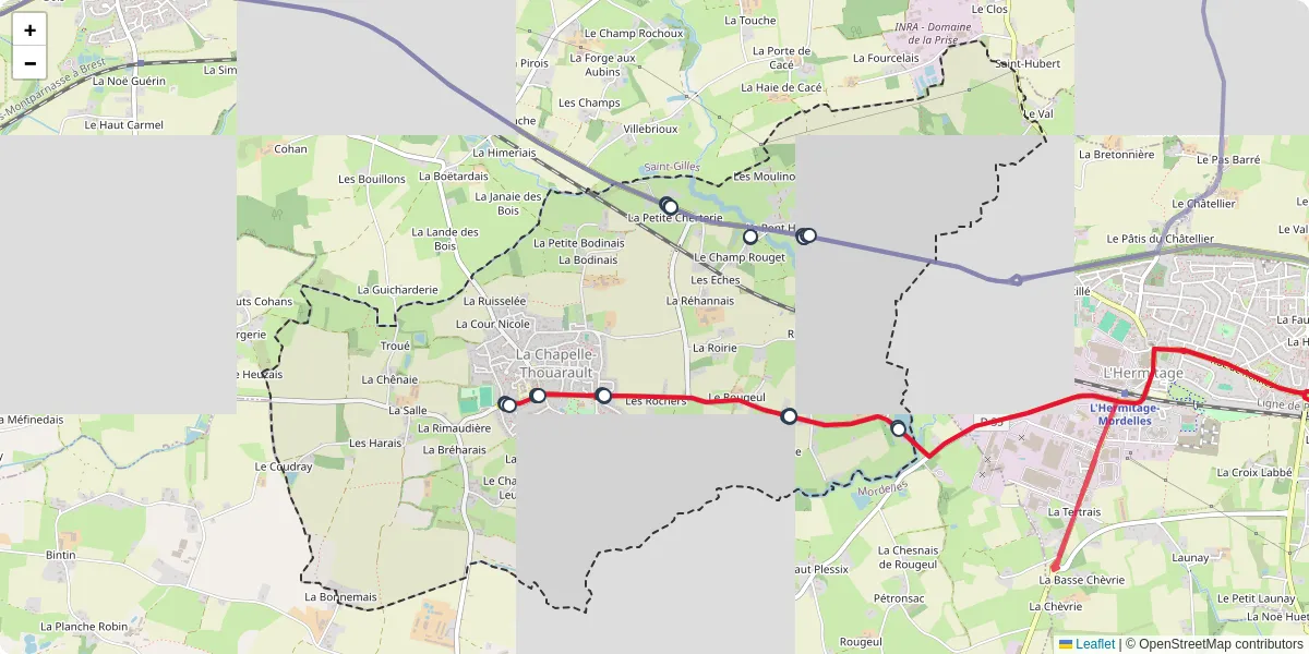 Carte du réseau de transport en commun à La Chapelle-Thouarault - lignes de bus et arrêts