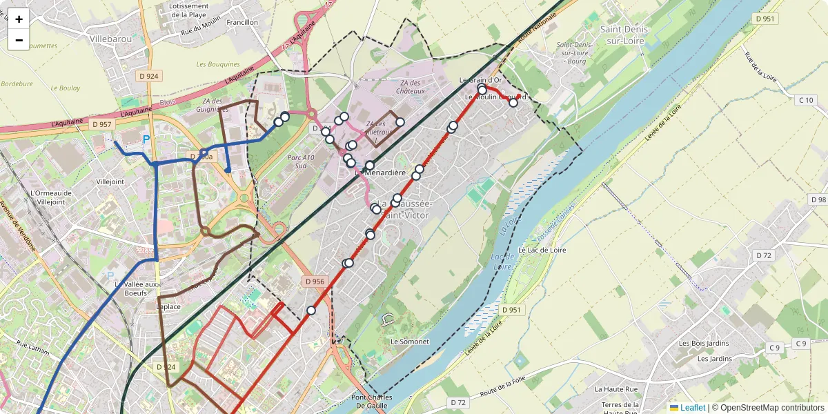 Carte du réseau de transport en commun à La Chaussée-Saint-Victor - lignes de bus et arrêts