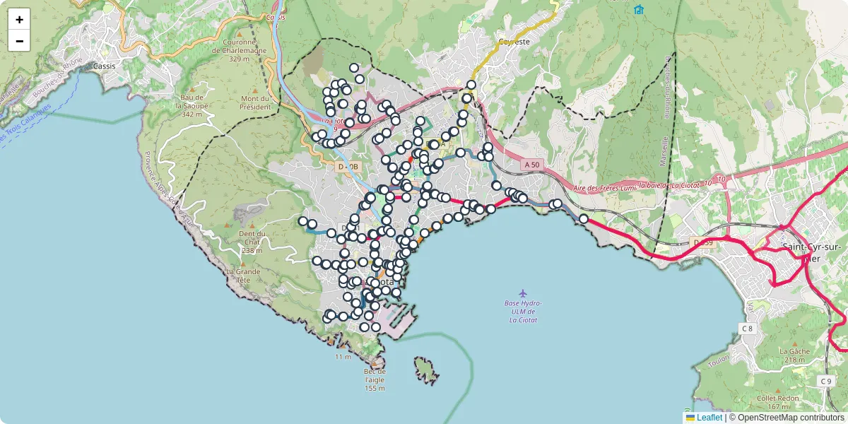 Carte du réseau de transport en commun à La Ciotat - lignes de bus et arrêts