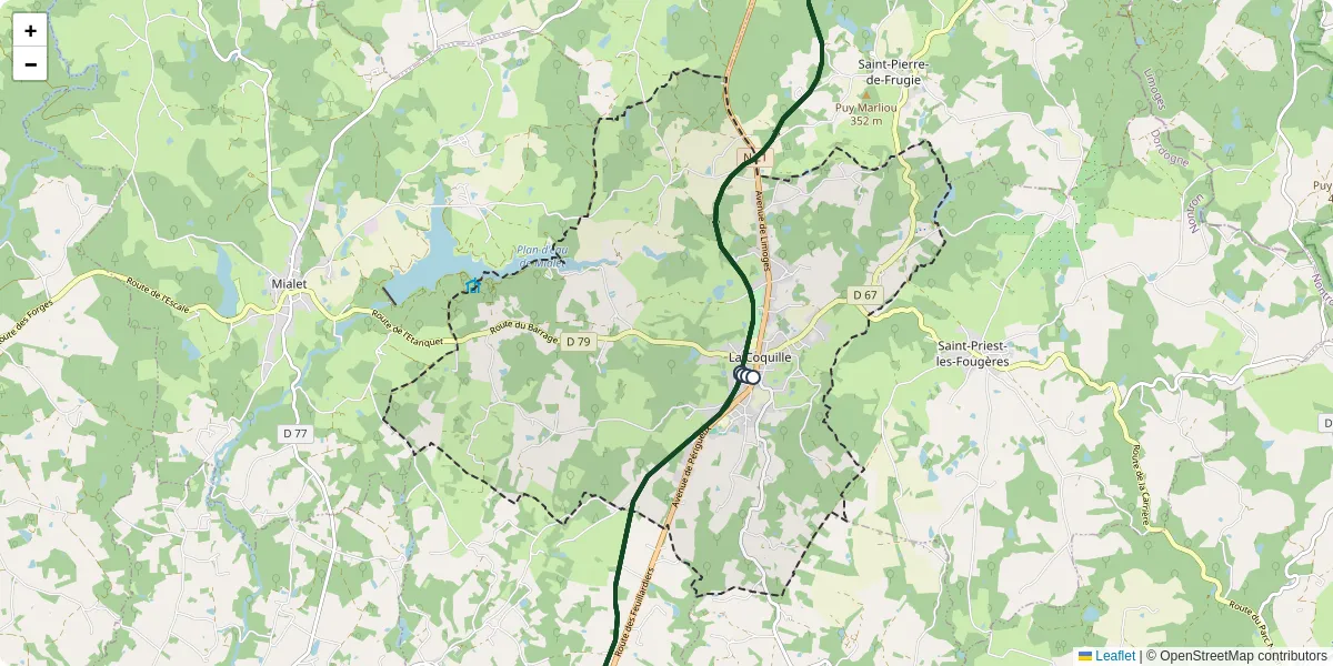 Carte du réseau de transport en commun à La Coquille - lignes de bus et arrêts
