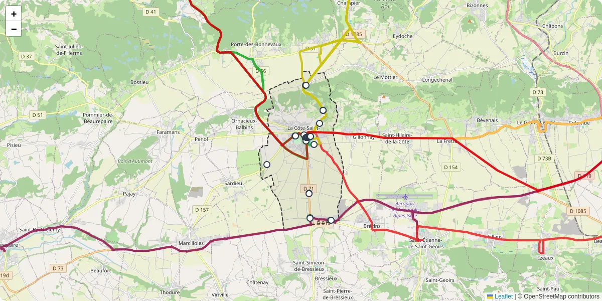 Carte du réseau de transport en commun à La Côte-Saint-André - lignes de bus et arrêts