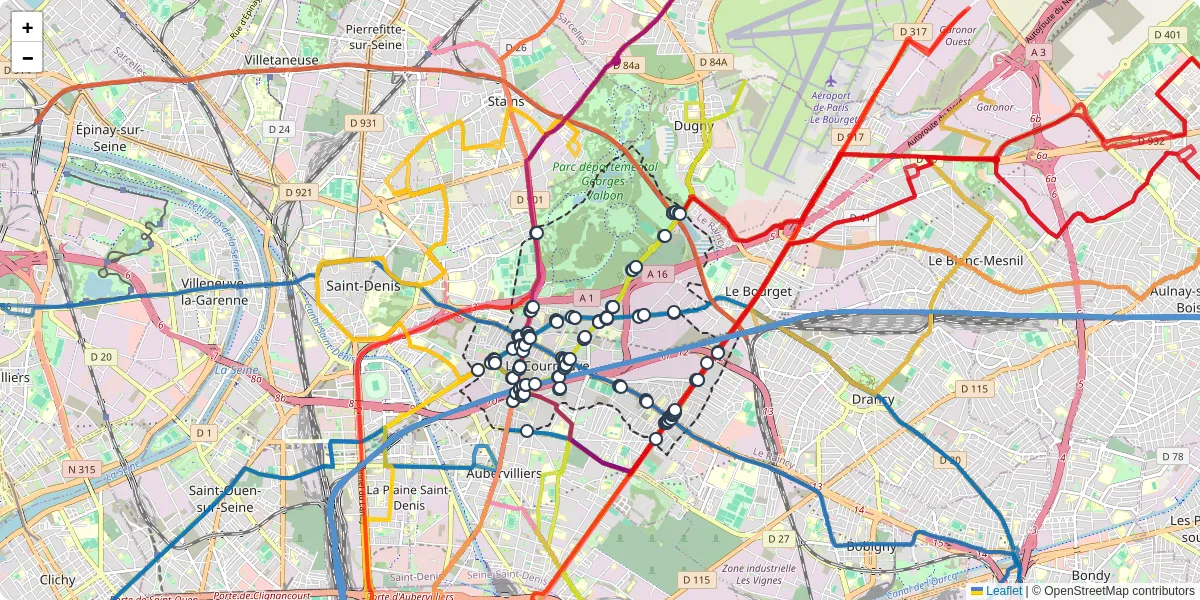 Carte du réseau de transport en commun à La Courneuve - lignes de bus et arrêts