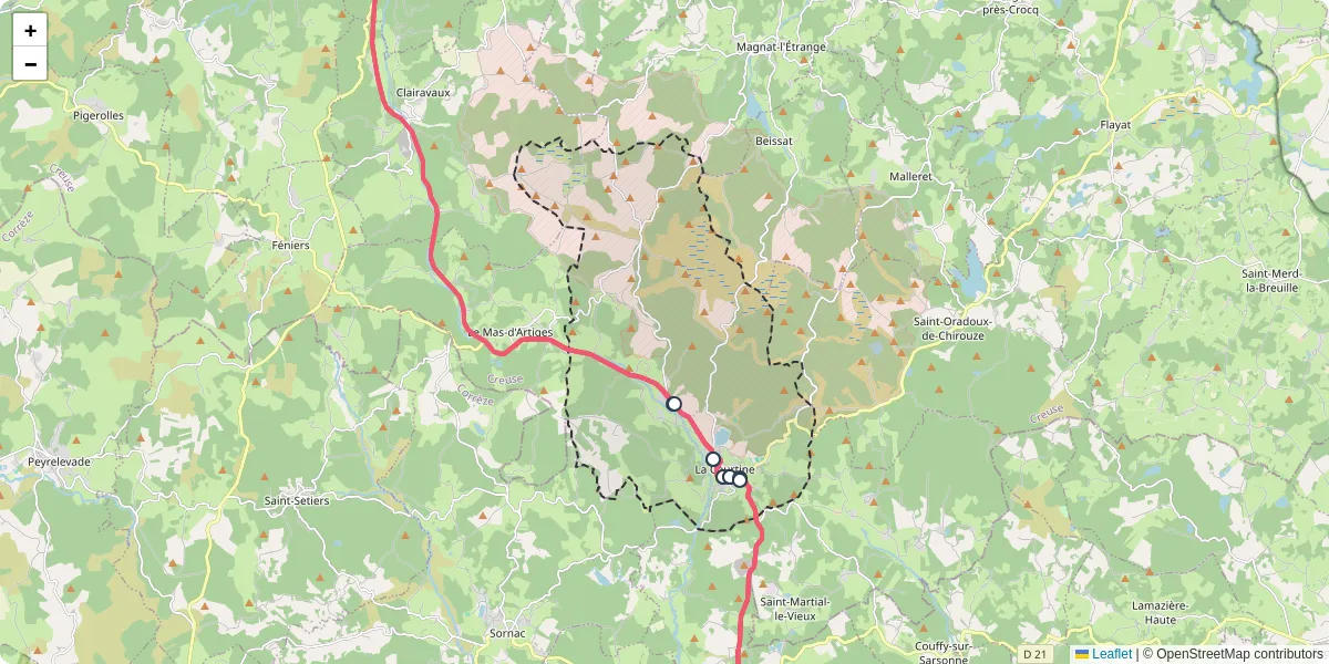 Carte du réseau de transport en commun à La Courtine - lignes de bus et arrêts