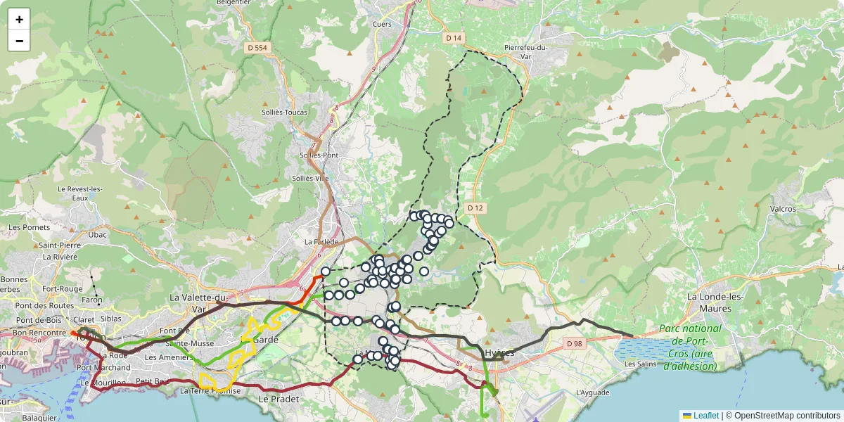 Carte du réseau de transport en commun à La Crau - lignes de bus et arrêts